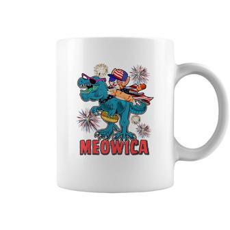 Meowica Funny T-Rex And Cat Celebrating 4Th Of July Coffee Mug - Seseable
