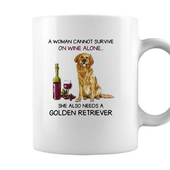 Woman Cannot Survive On Wine She Also Needs Golden Retriever Coffee Mug - Seseable