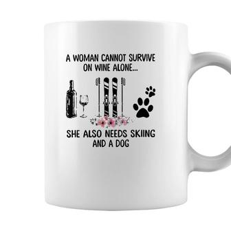 Womens A Woman Cannot Survive On Wine Alone Skiing And A Dog Coffee Mug - Seseable