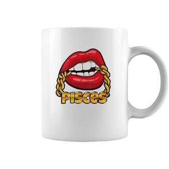 Womens Juicy Lips Gold Chain Pisces Zodiac Sign V-Neck Coffee Mug | Mazezy