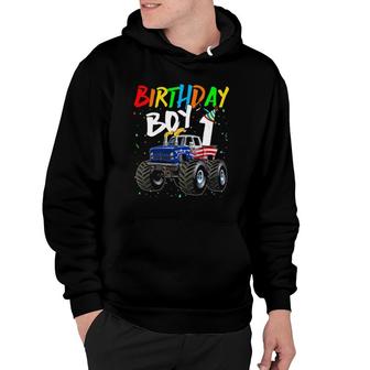 Kids Birthday Boy 1 Year Old Monster Truck Flag 1St Birthday Hoodie | Mazezy