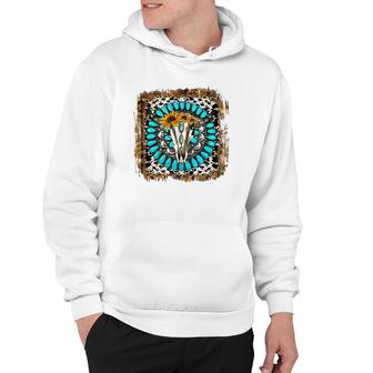 Western Boho Leopard Turquoise Cow Bull Skull Rodeo Girl Mom Hoodie | Mazezy