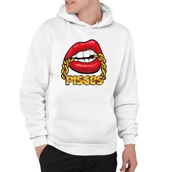 Womens Juicy Lips Gold Chain Pisces Zodiac Sign V-Neck Hoodie | Mazezy CA