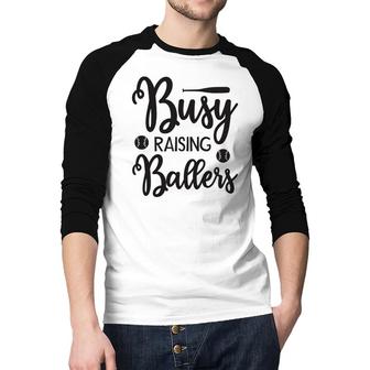 Busy Raising Ballers Gray And Black Graphic Raglan Baseball Shirt | Seseable CA