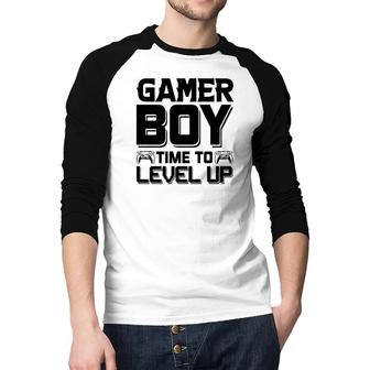 Gamer Boy Time To Level Up Black Design Birthday Boy Matching Video Gamer Raglan Baseball Shirt - Seseable