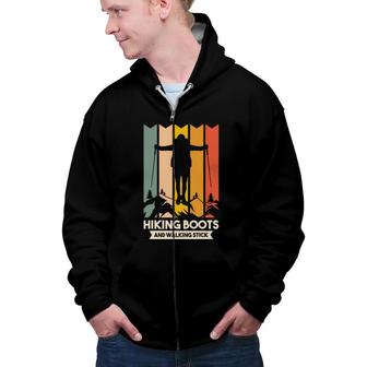 Hiking Boots And Walking Stick Explore Travel Lover Zip Up Hoodie - Seseable