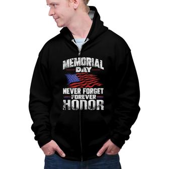 Memorial Day Never Forget Forever Honor Retro American Flag Zip Up Hoodie - Seseable