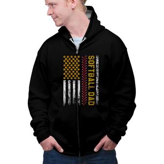 Mens New First Time Dad Softball Dad American Flag Fathers Day Zip Up Hoodie - Seseable