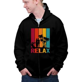 Relax Beach Surfing Palm Trees Sunset Great Zip Up Hoodie - Seseable