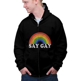 Say Gay Vintage Rainbow Gay Pride Lgbt Month Zip Up Hoodie - Seseable