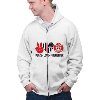 Peace Love Firefighter Letter Graphic Full Red Black Zip Up Hoodie - Seseable