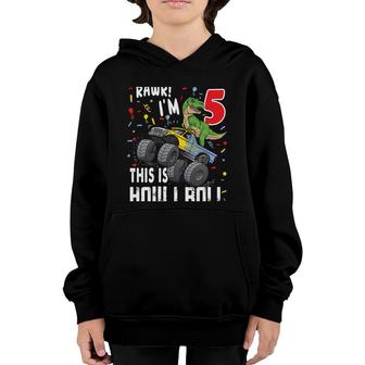 5 Year Old 5Th Birthday Boy T Rex Dinosaur Monster Truck Youth Hoodie - Seseable