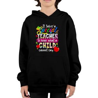 Autism Awareness It Takes A Special Teacher To Hear What A Child Cannot Say Puzzle Pieces Apples Youth Hoodie | Mazezy