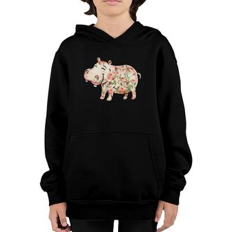 Hippopotamus Floral Nature Hutto Lover Cute Pink Roses Hippo Youth Hoodie | Mazezy
