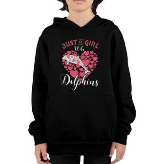 Just A Girl Who Loves Dolphins - Pink Hearts Floral Dolphin Youth Hoodie - Seseable