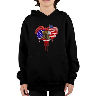 Poppy Flower American Usa Flag Combat Boots Veteran Day Youth Hoodie - Seseable