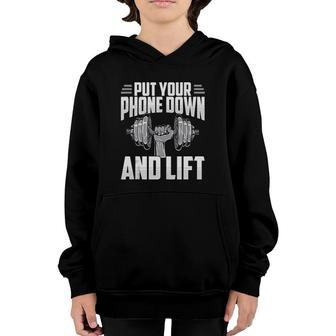 Put Your Phone Down And Lift Gym Etiquette Fitness Rules Fun Youth Hoodie | Mazezy