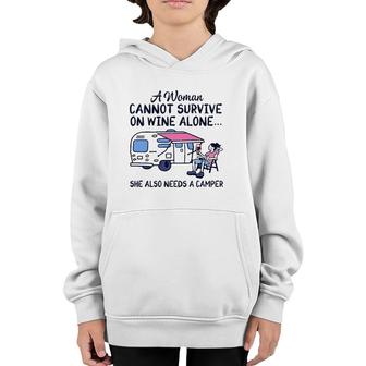 A Woman Cannot Survive On Wine Alone She Also Needs A Camper Youth Hoodie | Seseable CA