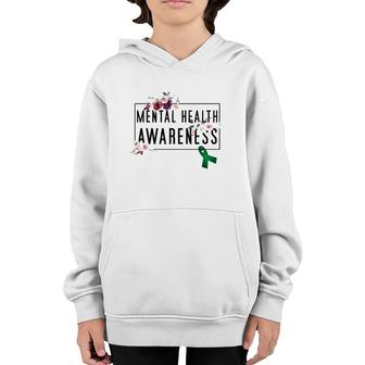 Modern Floral Mental Health Awareness Floral Green Ribbon Youth Hoodie - Seseable