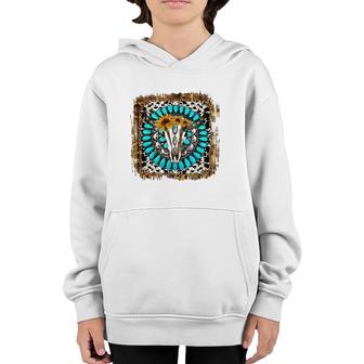 Western Boho Leopard Turquoise Cow Bull Skull Rodeo Girl Mom Youth Hoodie | Mazezy