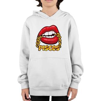 Womens Juicy Lips Gold Chain Pisces Zodiac Sign V-Neck Youth Hoodie | Mazezy