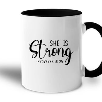 Bible Verse Black Graphic She Is Strong Proverbs 3125 Christian Accent Mug - Seseable