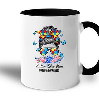 Blue Ribbon Butterfly Step Mom Messy Bun Autism Awareness Accent Mug - Seseable