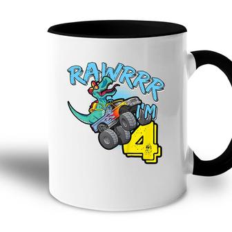 Kids Rawr Im 4 4Th Birthday Monster Truck T-Rex Dinosaur Accent Mug - Seseable