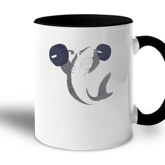Weightlifing Shark Barbell Funny Workout Gym Weightlifter Accent Mug | Mazezy