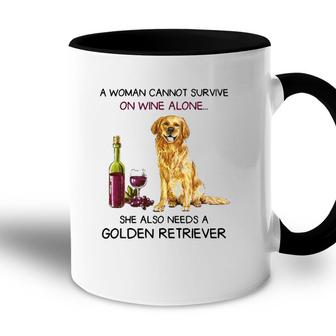 Woman Cannot Survive On Wine She Also Needs Golden Retriever Accent Mug - Seseable