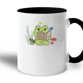 Womens Cute Frog Reading A Book On Mushroom Cottagecore Aesthetic V-Neck Accent Mug | Mazezy