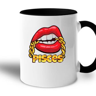Womens Juicy Lips Gold Chain Pisces Zodiac Sign V-Neck Accent Mug | Mazezy