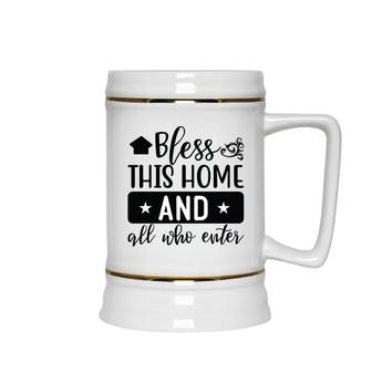 Bless This Home And All Who Enter Bible Verse Black Graphic Christian Ceramic Beer Stein - Seseable