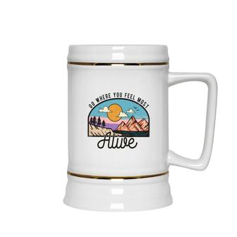Design Go Where You Feel Most Alive Vintage Mountain Adventure Ceramic Beer Stein - Seseable