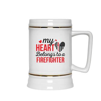 My Heart Belongs To A Firefighter Red Black Ceramic Beer Stein - Seseable