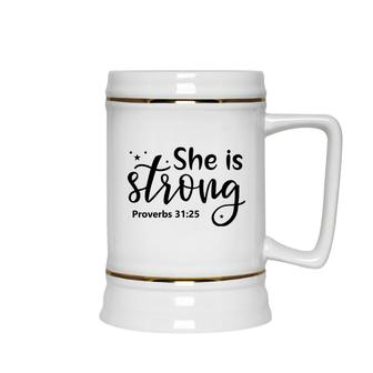 She Is Strong Bible Verse Black Graphic Great Christian Ceramic Beer Stein - Seseable