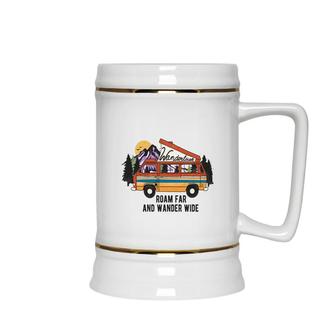 Wonderlust Roam Far And Wander Wide Mountain Adventure Vintage Ceramic Beer Stein - Seseable