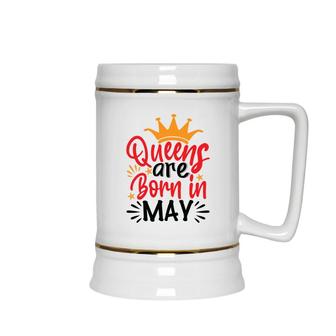 Yellow Crown Red Black Letters Design Queens Are Born In May Birthday Ceramic Beer Stein - Seseable