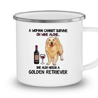A Woman Cannot Survive On Wine Alone She Also Needs A Golden Retriever Camping Mug - Seseable