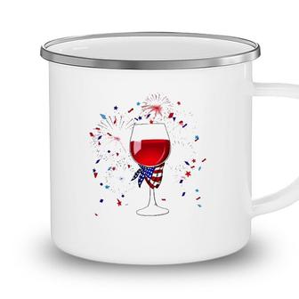 Happy 4Th Of July Us Flag Wine Glass And Fireworks Celebration Camping Mug - Seseable