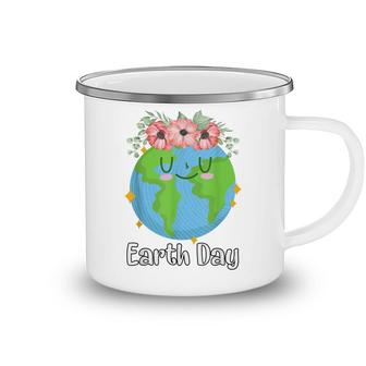 Happy Earth Day Cute Earth Smiles With Floral Earth Day 2022 Camping Mug - Seseable