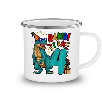 Kids 4Th Birthday Boy Dinosaur Rawr I Am 4 Years Old Camping Mug - Seseable