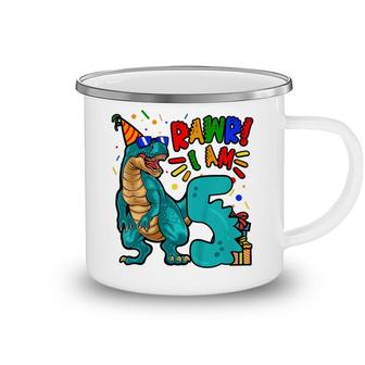 Kids 5Th Birthday Boy Dinosaur Rawr I Am 5 Years Old Camping Mug - Seseable