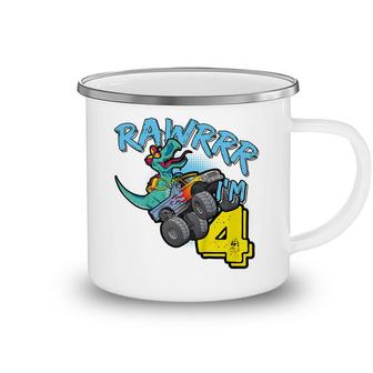 Kids Rawr Im 4 4Th Birthday Monster Truck T-Rex Dinosaur Camping Mug - Seseable