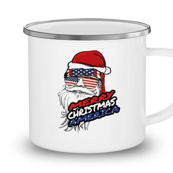 Merry Christmas America Santa Claus American Flag Camping Mug - Seseable