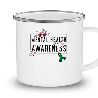 Modern Floral Mental Health Awareness Floral Green Ribbon Camping Mug - Seseable