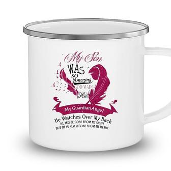 My Son Was So Amazing God Made Him My Guardian Angel Watches Over My Back My Sight Never Gone From My Heart Loss Son Pink Feather Flying Bird Camping Mug - Seseable