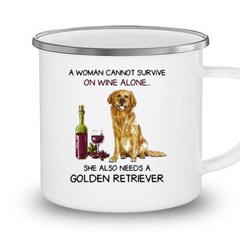 Woman Cannot Survive On Wine She Also Needs Golden Retriever Camping Mug - Seseable