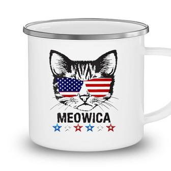 Womens 4Th Of July American Flag Cat Meowica V-Neck Camping Mug - Seseable