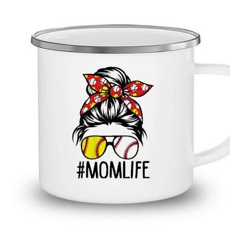 Womens Dy Mom Life Softball Baseball Mothers Day Messy Bun Camping Mug - Seseable